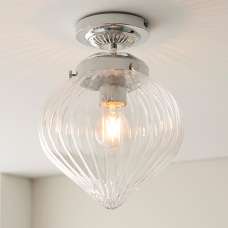 Cheston Clear Ribbed Glass Shade Flush Ceiling Light In Chrome - UK