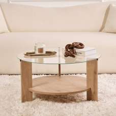Clarae Clear Tempered Glass Coffee Table with Sapphire Oak Wooden Base - UK