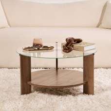 Clarae Clear Tempered Glass Coffee Table with Walnut Wooden Base - UK