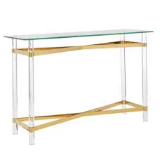 Clarox Rectangular Glass Console Table In Clear And Gold - UK