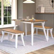 Consett Large Wooden Dining Table With 2 Benches - White And Oak - UK