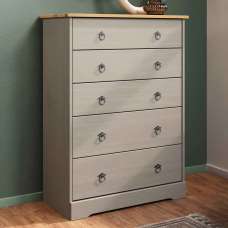 Consett Wooden Bedside Chest Of 5 Drawers - Grey And Oak - UK
