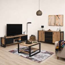 Cosmo Small Wooden Living Room Furniture Set in Atlantic Pine and Black - UK