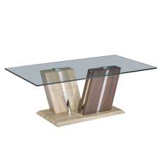 Craven Clear Glass Coffee Table With Dark And Light Wooden Base - UK