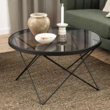 Cuxtun Smoked Glass Round Coffee Table With Black Frame - UK