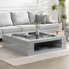 Cyndy High Gloss Coffee Table In Grey With Black Glass Top - UK