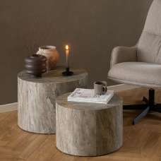 Dania Wooden Set Of 2 Coffee Table Round In Grey Marble Effect - UK