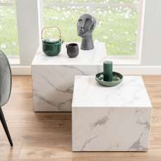 Dania Wooden Set Of 2 Coffee Table Square In White Marble Effect - UK