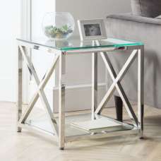 Maemi Glass Lamp Table With Chrome Stainless Steel Frame - UK