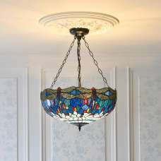 Dearborn Blue Tiffany Glass Inverted Pendant Light In Satin Black - UK