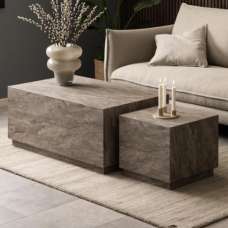 Delft Wooden Nesting Coffee Tables In Grey Marble Effect - UK