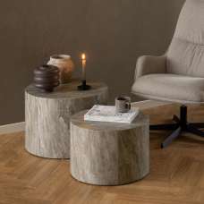 Delft Wooden Round Nesting Coffee Table In Grey Marble Effect - UK