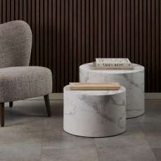Delft Wooden Round Nesting Coffee Table In White Marble Effect - UK