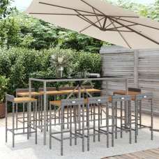 Denji Solid Wood 11 Piece Garden Bar Set In Grey Poly Rattan - UK