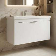 Desna 900mm Wooden Wall Mounted Vanity Unit & Basin with 2 Doors in Matte White - UK