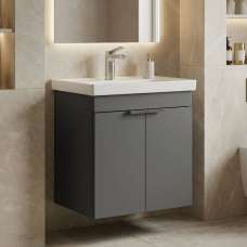 Desna 500mm Wooden Wall Mounted Vanity Unit & Basin with 2 Doors in Matte Anthracite - UK