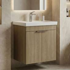 Desna 500mm Wooden Wall Mounted Vanity Unit & Basin with 2 Doors in Sonoma Oak - UK