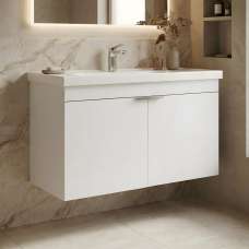 Desna 800mm Wooden Wall Mounted Vanity Unit & Basin with 2 Doors in Matte White - UK