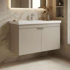 Desna 800mm Wooden Wall Mounted Vanity Unit & Basin with 2 Doors in Sand - UK