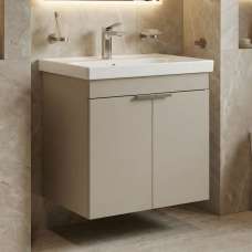 Desna 600mm Wooden Wall Mounted Vanity Unit & Basin with 2 Doors in Sand - UK