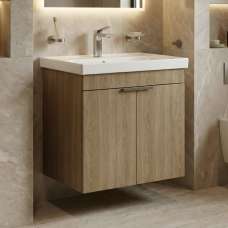 Desna 600mm Wooden Wall Mounted Vanity Unit & Basin with 2 Doors in Sonoma Oak - UK