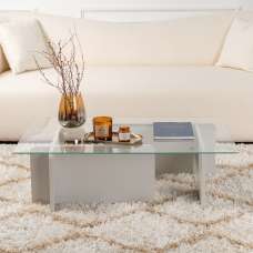 Dorvian Tempered Glass Coffee Table with Grey Wooden Base - UK