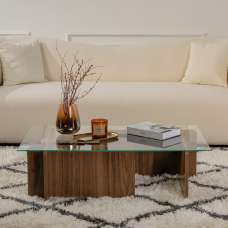 Dorvian Tempered Glass Coffee Table with Walnut Wooden Base - UK
