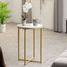Dover Wooden Side Table With Gold Frame In White Marble Effect - UK
