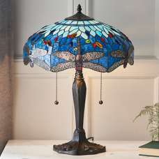 Dragonfly Blue Medium Tiffany Glass Table Lamp In Dark Bronze - UK