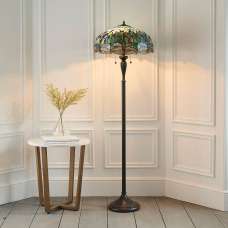 Dragonfly Blue Tiffany Glass Shade Floor Lamp In Satin Black - UK