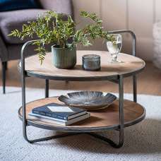 Dudley Round Wooden Coffee Table With Metal Frame In Natural - UK
