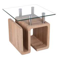 Eirian Clear Glass Top Lamp Table With Natural Wooden Base - UK