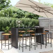 Elita Solid Wood 9 Piece Garden Bar Set In Black Poly Rattan - UK