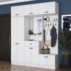 Elvano Wooden Hallway Storage Furniture With Coat Rack And Mirror In White - UK