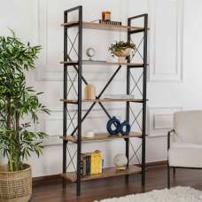 Elyon Wooden Shelving Unit with 5 Shelves in Walnut and Black - UK