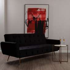 Emiw Upholstered Velvet Sofa Bed With Gold Legs In Black - UK