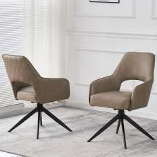 Enid Taupe PU Leather Dining Chairs With Black Legs In Pair - UK