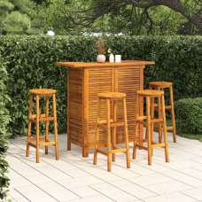 Evaril Garden Acacia Wood Bar Table with 4 Round Stools in Brown - UK