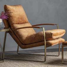 Fabian Velvet Lounge Chaise Chair With Metal Frame In Ochre - UK