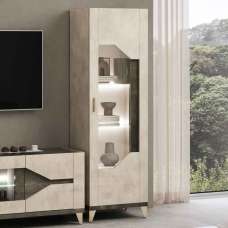 Fabio High Gloss Display Cabinet with 1 Door in Warm Grey Marble Effect and LED - UK
