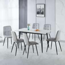 Fenvio White Marble Stone Effect Dining Table with 6 Light Grey Chairs - UK
