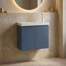 Ferla 600mm Wooden Wall Mounted Vanity Unit & Basin with 2 Doors in Petrol Blue - UK