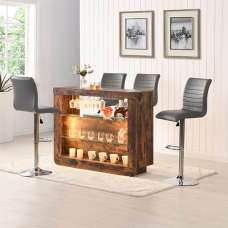 Fiesta Rustic Oak Bar Table Unit With 4 Ripple Grey Stools - UK