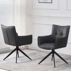 Flint Dark Grey PU Leather Dining Chairs With Black Legs In Pair - UK