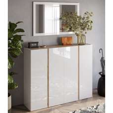 Flint Wide High Gloss Shoe Cabinet With Mirror In White Cadiz Oak - UK