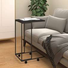 Flores Wooden Side Table In Black With Wheels With Black Frame - UK
