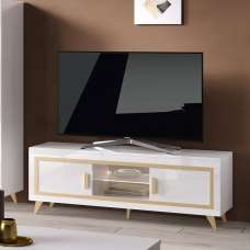 Geneva High Gloss TV Stand 2 Doors In White And Gold With LED - UK
