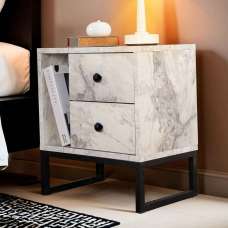 Glimen Wooden Bedside Cabinet with 2 Drawers 1 Shelf in Freesia Marble and Black - UK