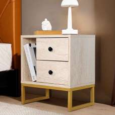 Glimen Wooden Bedside Cabinet with 2 Drawers in Travertine Marble Effect and Gold - UK