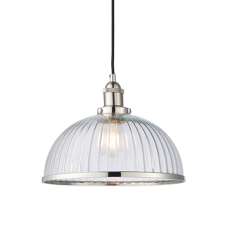 Hansen 1 Light Clear Ribbed Glass Pendant Light In Bright Nickel - UK